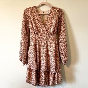 Japna Floral Long Sleeve Tiered Mini Dress – Rustic Pink & Cream – Large